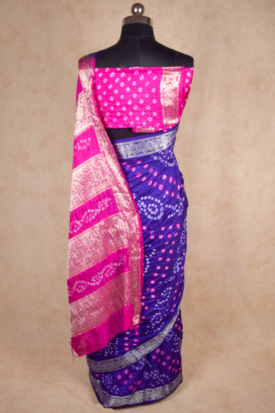 Traditional Blue Pink Bandhani Saree in Art Silk with Zari Border - KANHASAREE