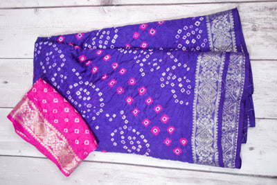 Traditional Blue Pink Bandhani Saree in Art Silk with Zari Border - KANHASAREE