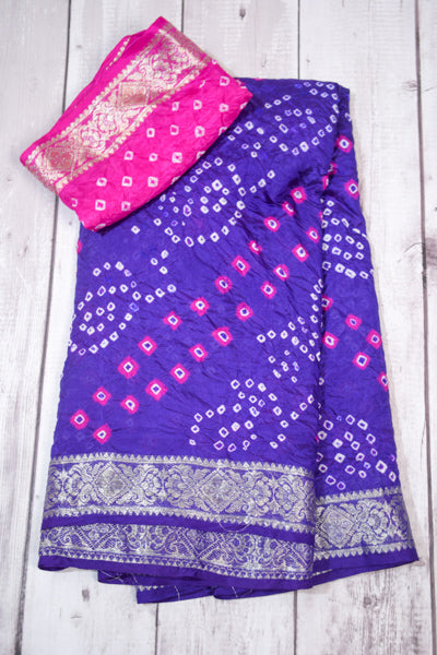 Traditional Blue Pink Bandhani Saree in Art Silk with Zari Border - KANHASAREE