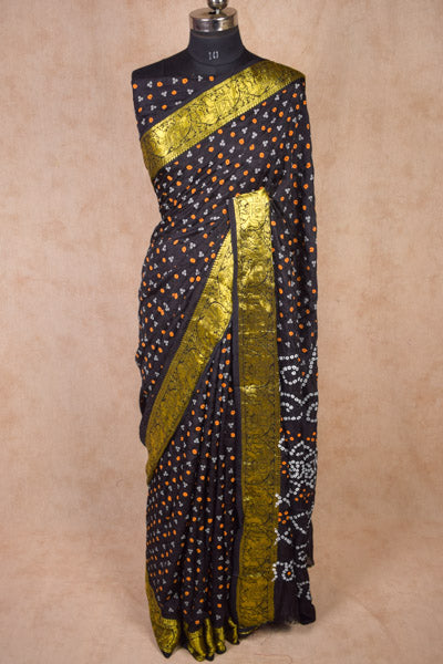 Designer Soft Silk Black Bandhani Saree With Zari Border - KANHASAREE