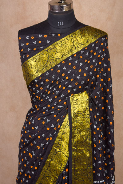 Designer Soft Silk Black Bandhani Saree With Zari Border - KANHASAREE