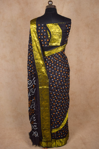 Designer Soft Silk Black Bandhani Saree With Zari Border - KANHASAREE