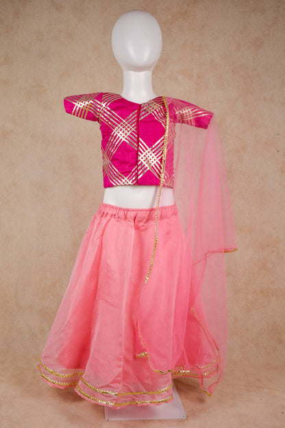 Designer Gota Patti Work Silk Top and Net Skirt Lehenga - KANHASAREE