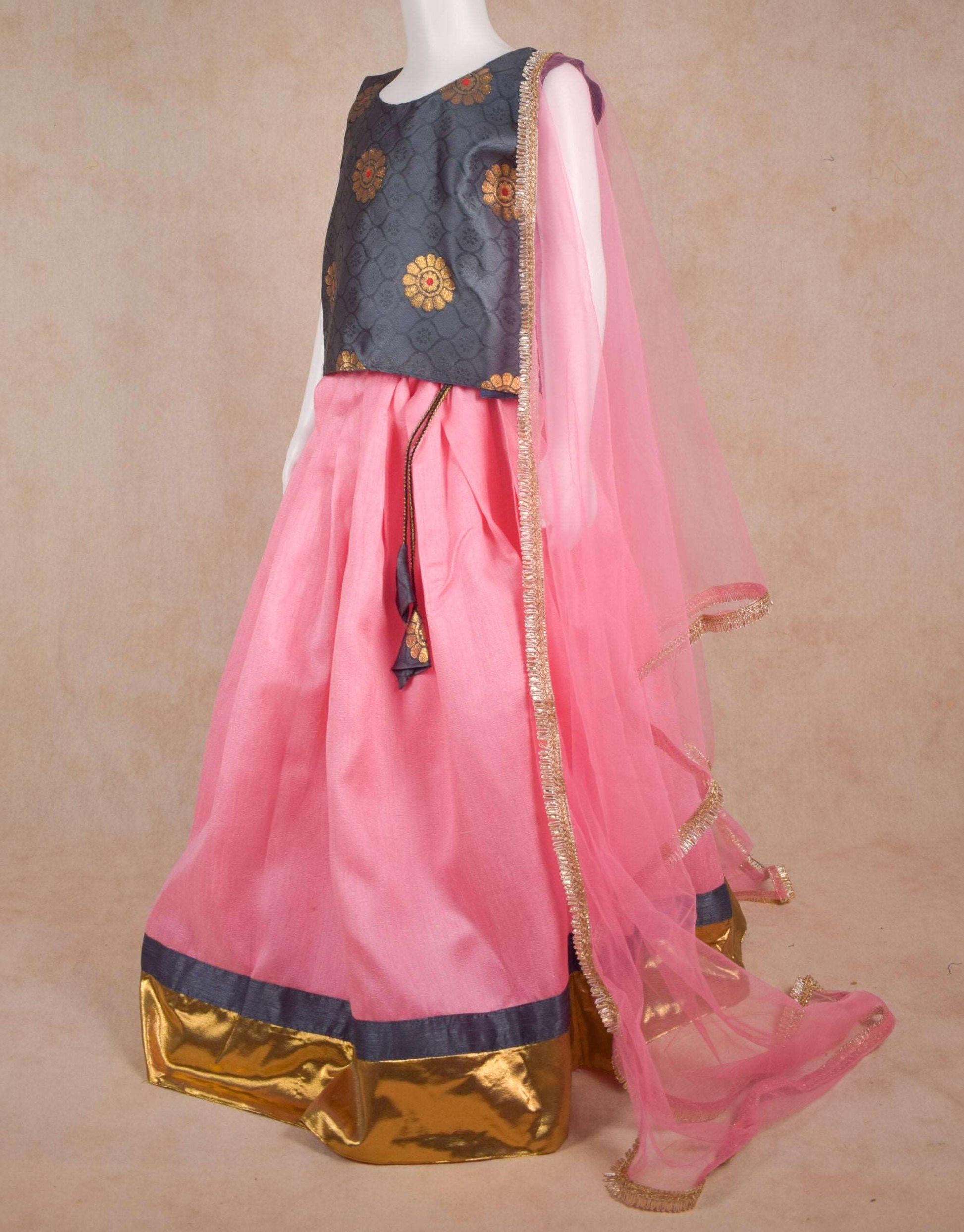 Designer Chanderi Silk Top and Skirt Lehenga Set - KANHASAREE