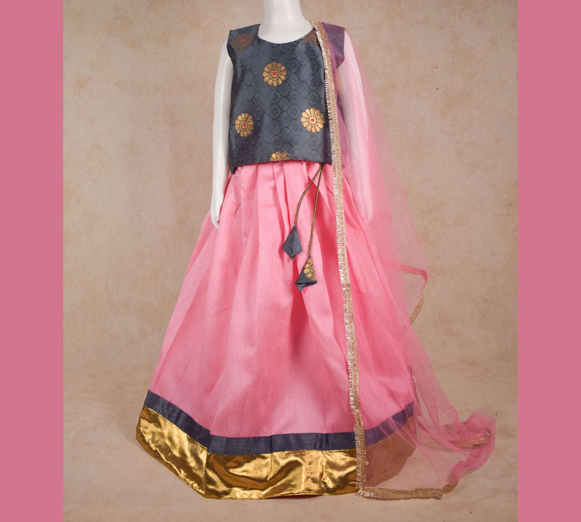 Designer Chanderi Silk Top and Skirt Lehenga Set - KANHASAREE