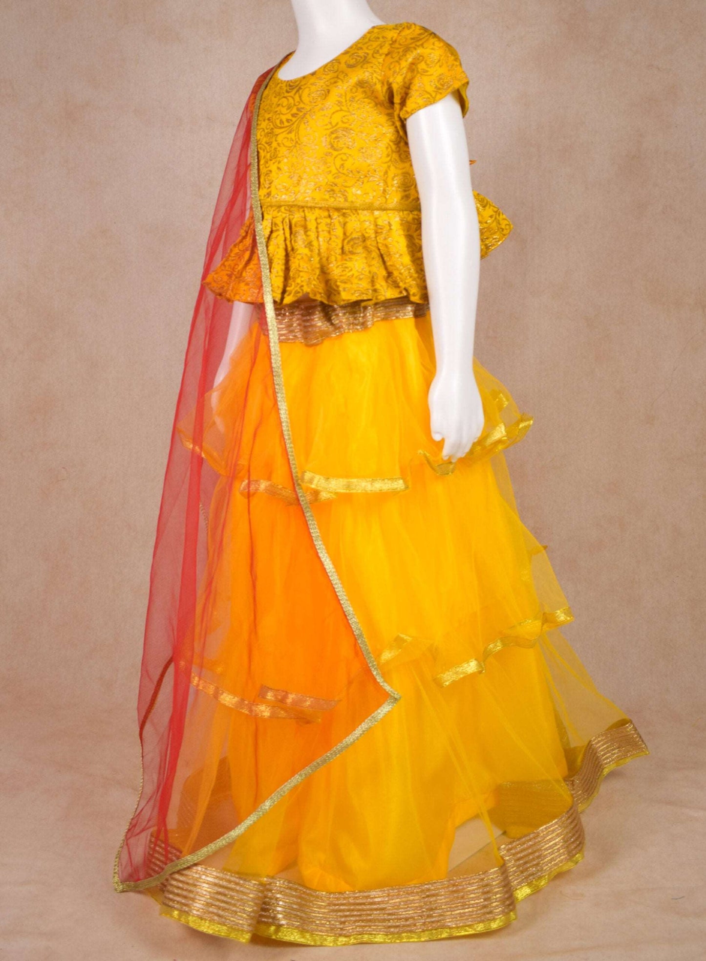 Designer Brocade Banarasi Silk Top and Net skirt Lehenga Set - KANHASAREE