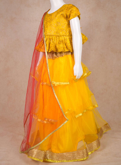 Designer Brocade Banarasi Silk Top and Net skirt Lehenga Set - KANHASAREE