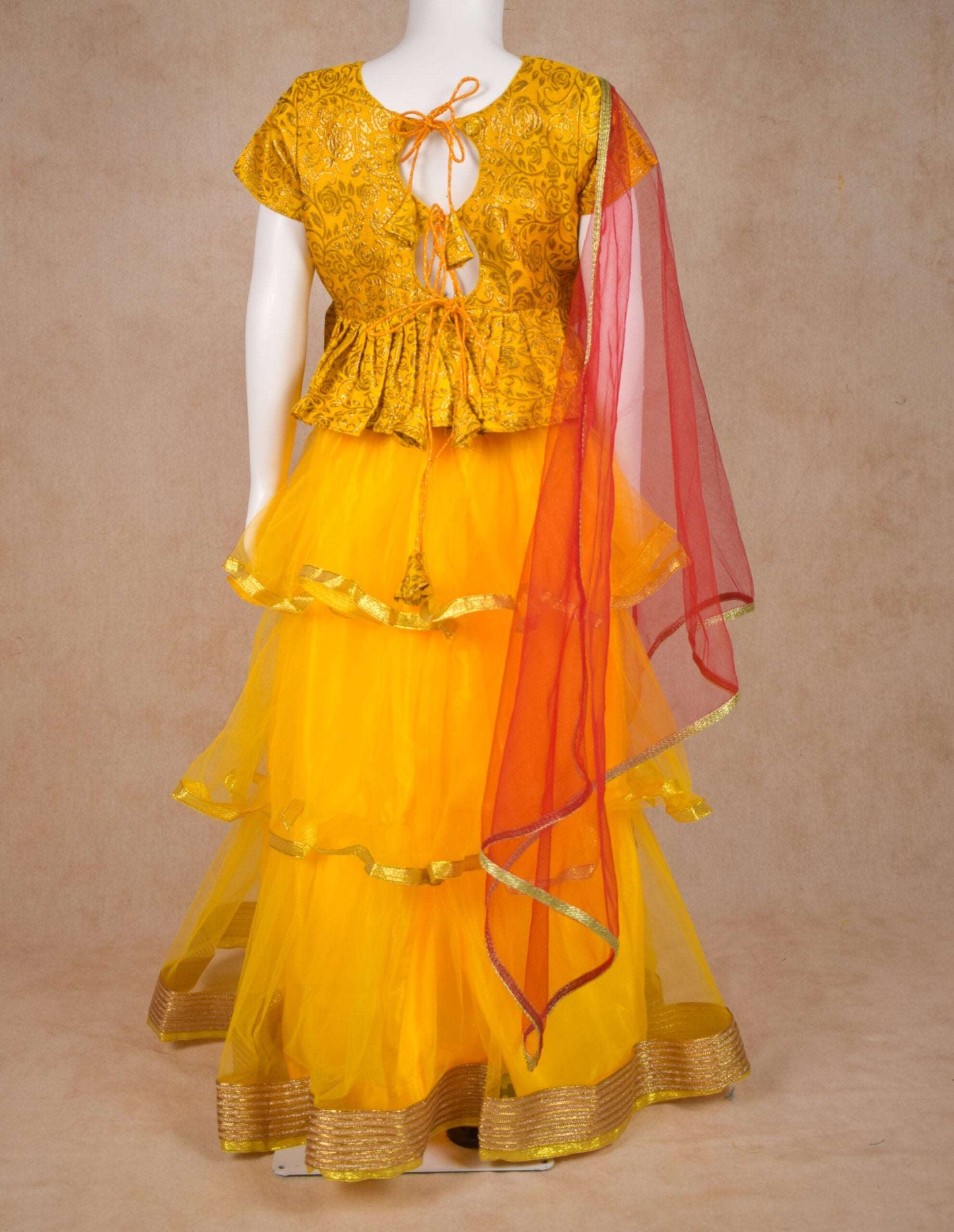 Designer Brocade Banarasi Silk Top and Net skirt Lehenga Set - KANHASAREE