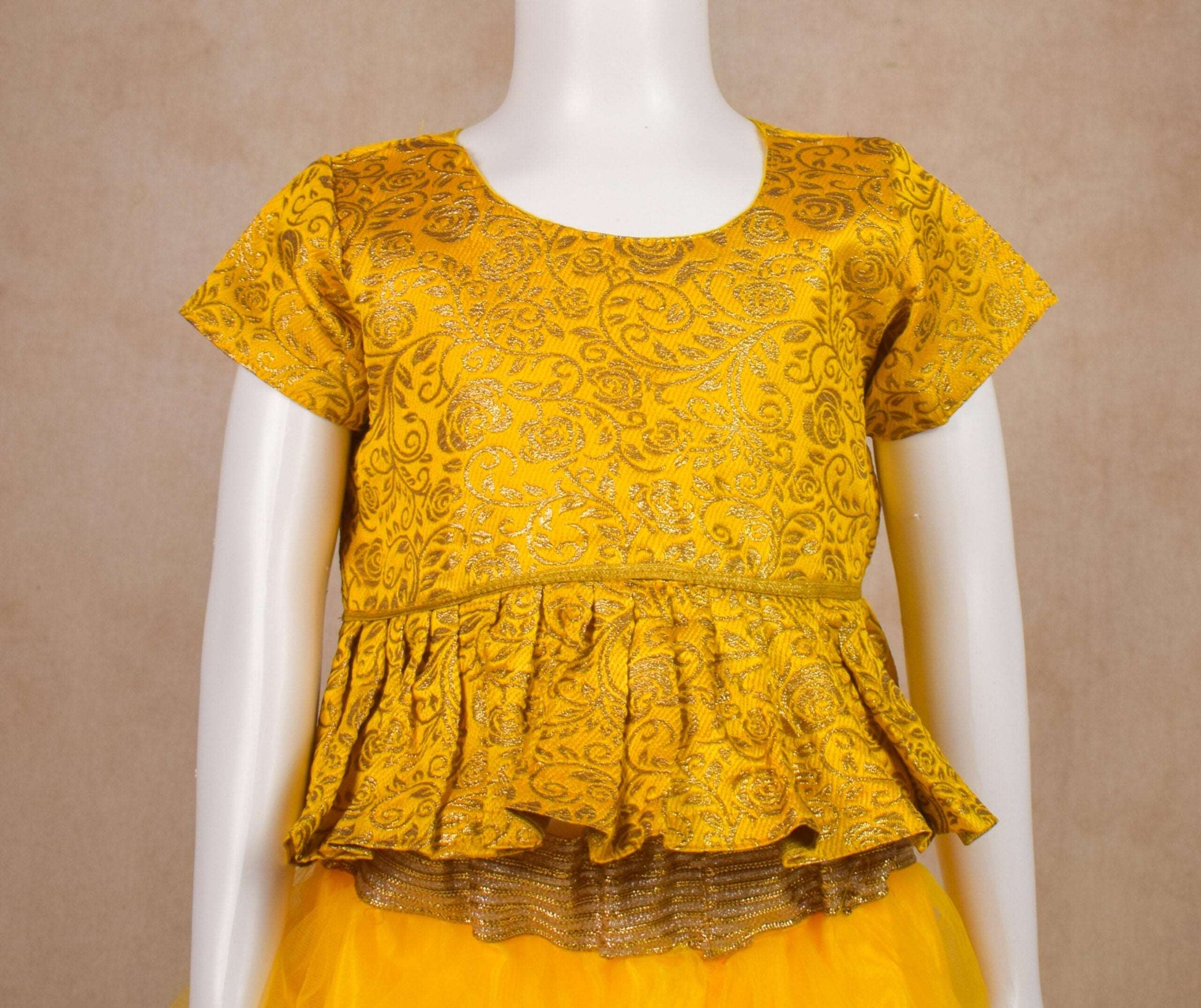 Designer Brocade Banarasi Silk Top and Net skirt Lehenga Set - KANHASAREE