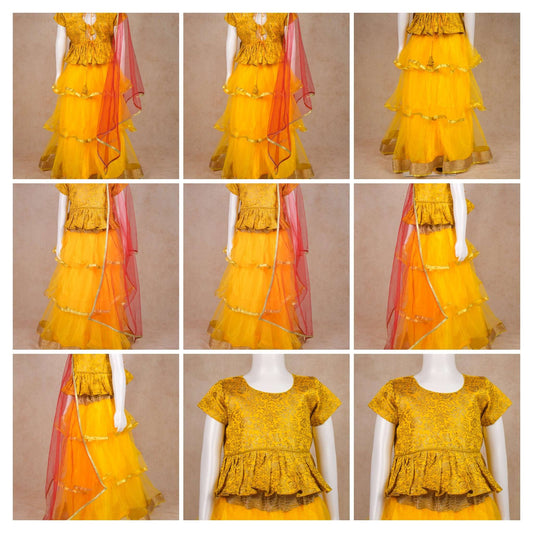 Designer Brocade Banarasi Silk Top and Net skirt Lehenga Set - Kanhasarees by ksds