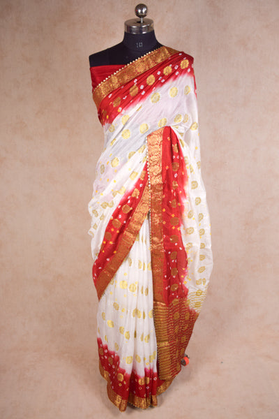 Art Silk Red White Zari Work Fagnia Saree - KANHASAREE