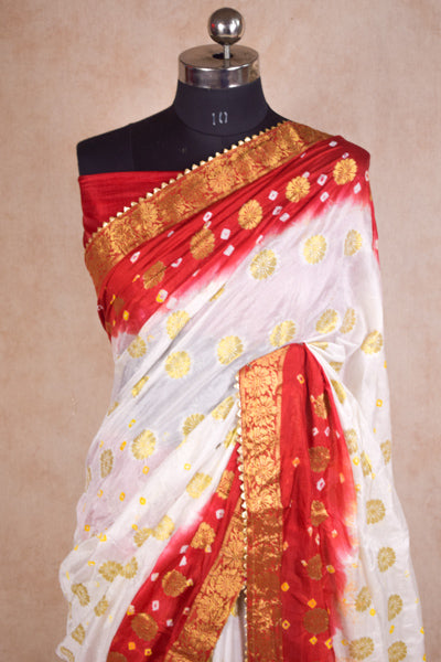 Art Silk Red White Zari Work Fagnia Saree - KANHASAREE