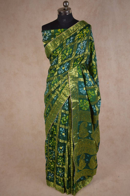 Bottel Green Gharchola Saree with Banarasi Work - KANHASAREE