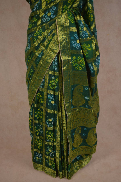 Bottel Green Gharchola Saree with Banarasi Work - KANHASAREE