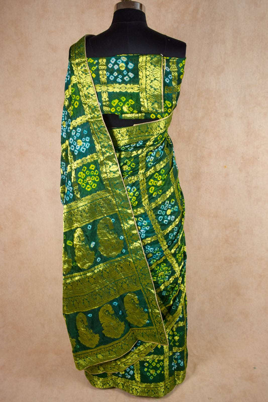 Bottel Green Gharchola Saree with Banarasi Work - Kanhasarees by ksds