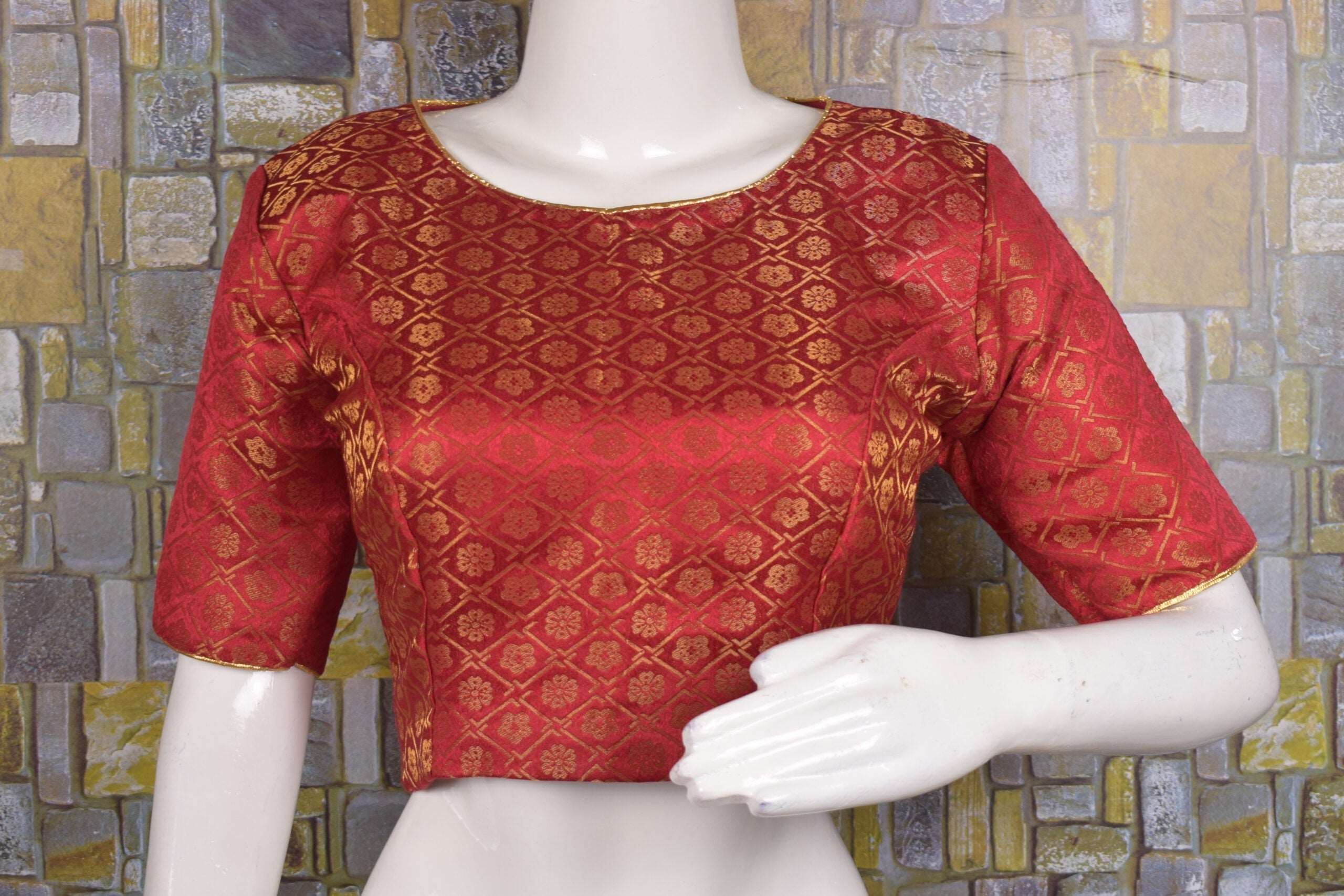 Handcrafted Red Raw Silk Zardozi Blouse With Green Meena – WeaverStory