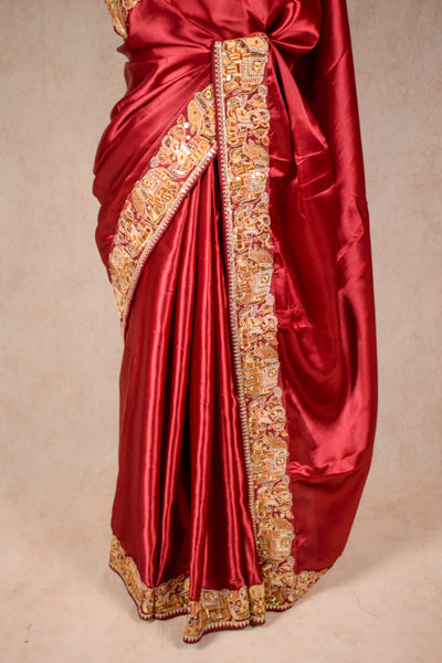 Designer red saree with sequence and thread border - KANHASAREE