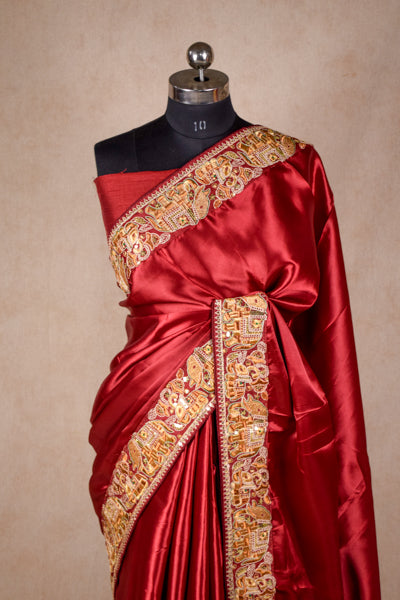 Designer red saree with sequence and thread border - KANHASAREE