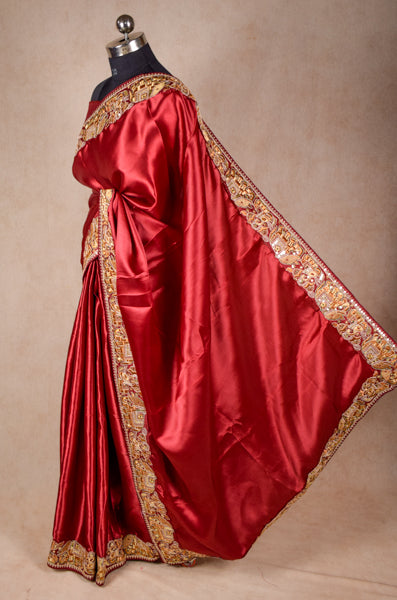 Designer red saree with sequence and thread border - KANHASAREE