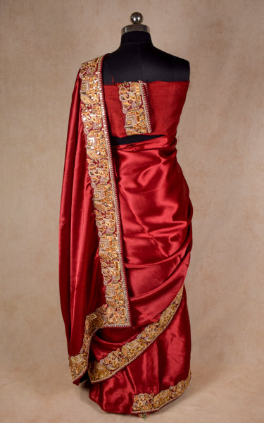 Designer red saree with sequence and thread border - KANHASAREE