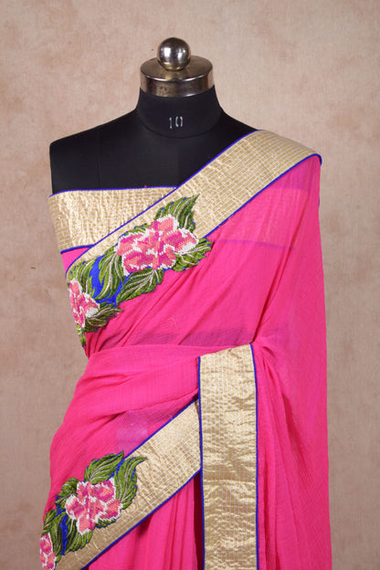 Pink Crush Saree with Embroidery Aplique Work - KANHASAREE