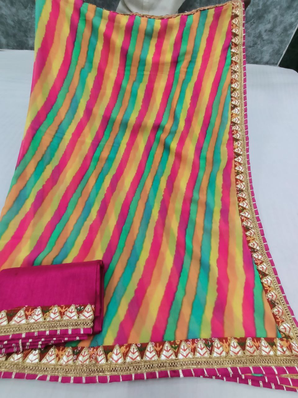 Multi-Color Georgette Leheriya Saree with Rani Color Dupion Silk Blouse