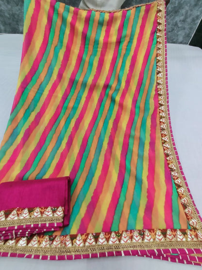 Multi-Color Georgette Leheriya Saree with Rani Color Dupion Silk Blouse