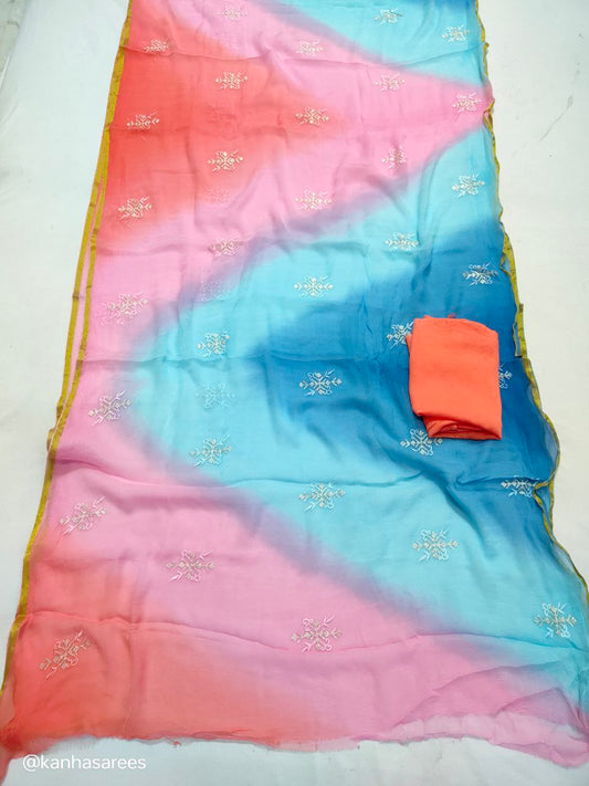 Pure Diamond Chiffon Saree with Thread and Sequin Buties – Multi-Dyed Designer Saree