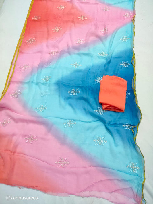 Pure Diamond Chiffon Saree with Thread and Sequin Buties – Multi-Dyed Designer Saree - Kanhasarees by ksds