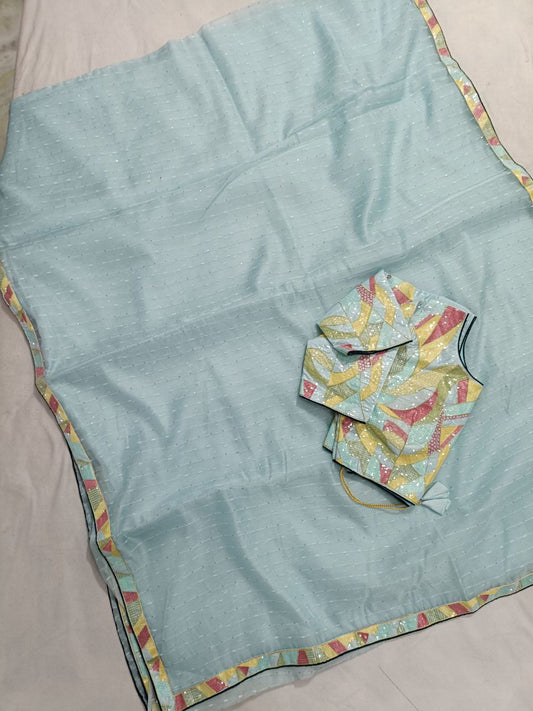 Fancy Linen Designer Saree with Multicolor Sequin Work Border and Stitched Blouse – Partywear - Kanhasarees by ksds