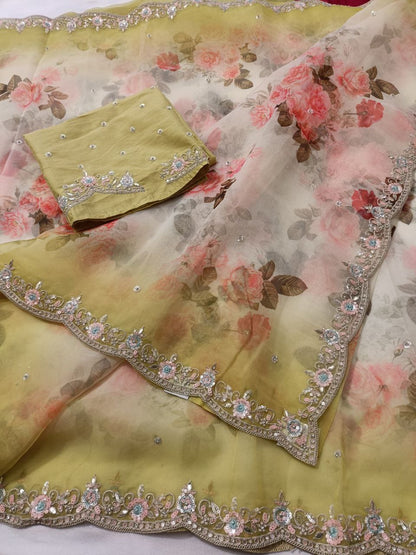 Pure Organza Digital Print Saree with Sequin Threadwork & Handwork Border – Heavy Blouse