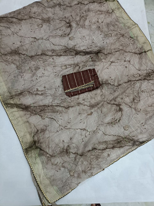 Linen Sequin Work Saree with Contrast Blouse – Designer Digital Marble Print Saree - Kanhasarees by ksds