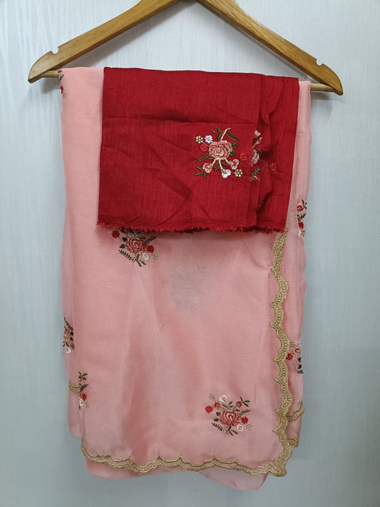 Semi Chiffon Saree with Thread Work Butties and Cutwork Border – Red Contrast Blouse