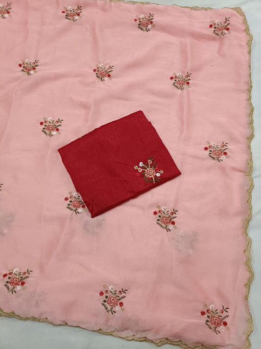Semi Chiffon Saree with Thread Work Butties and Cutwork Border – Red Contrast Blouse - Kanhasarees by ksds