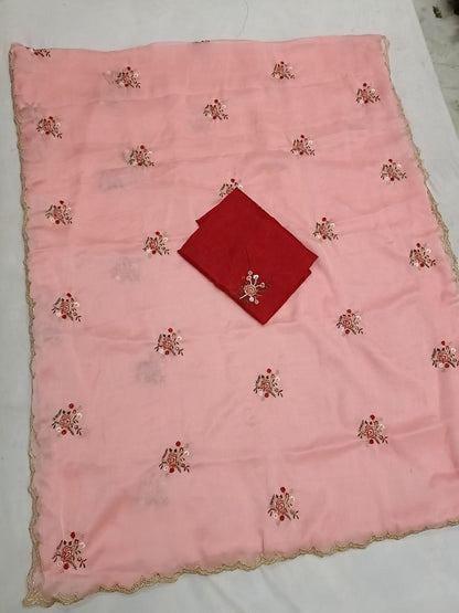 Semi Chiffon Saree with Thread Work Butties and Cutwork Border – Red Contrast Blouse