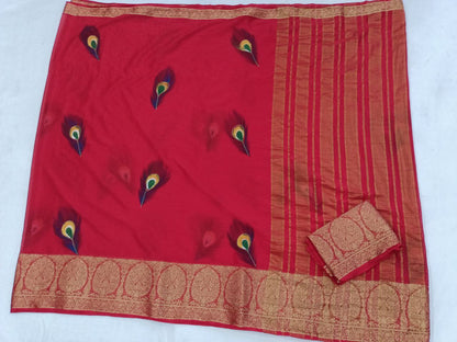 Chinnon Crepe Red Hand-Painted Saree with Banarasi Border & Pallu, Matching Blouse