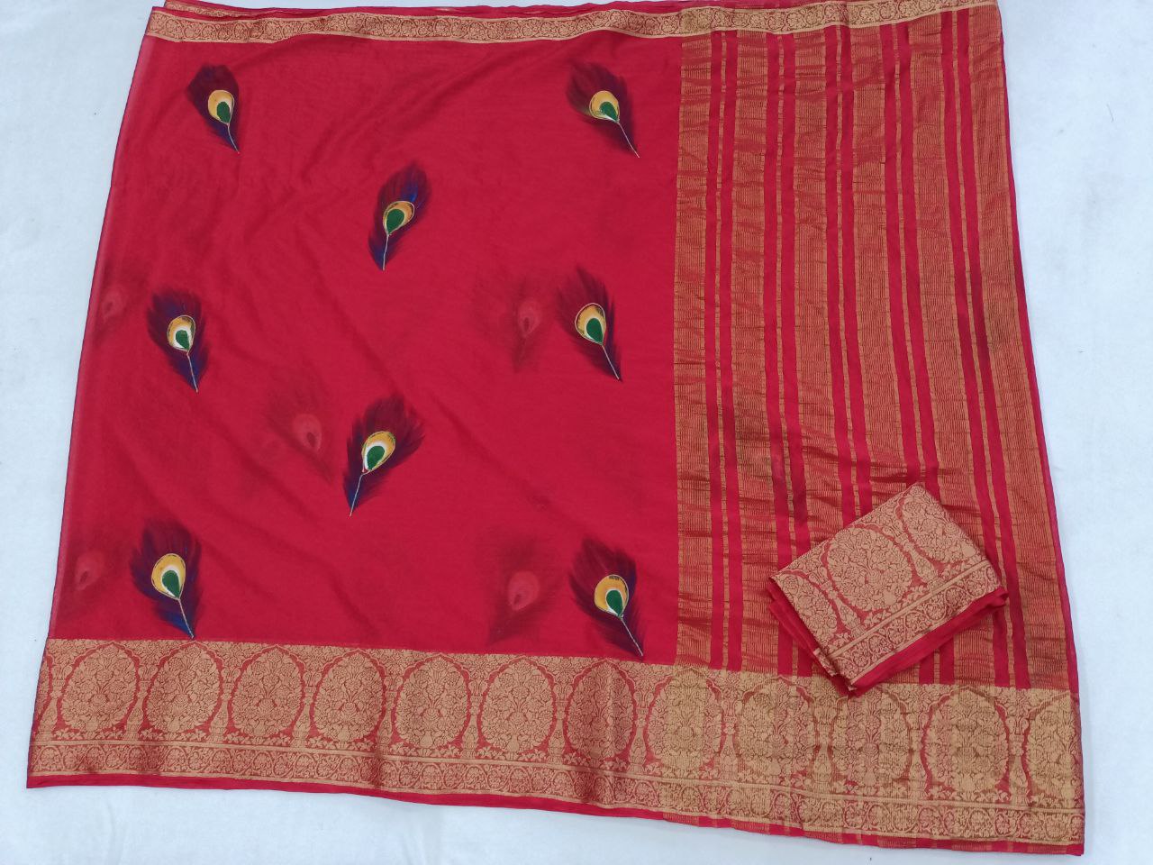 Chinnon Crepe Red Hand-Painted Saree with Banarasi Border & Pallu, Matching Blouse