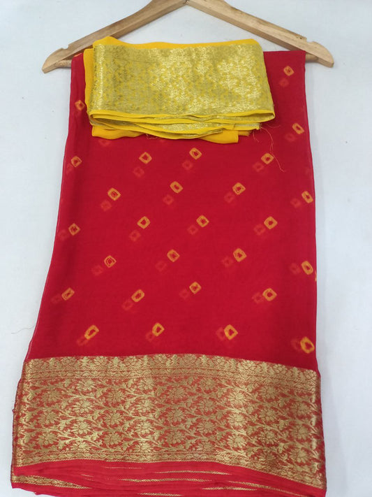 Pure Georgette Red and Yellow Bandhani Saree with Banarasi Weaving Border, Contrast Yellow Blouse