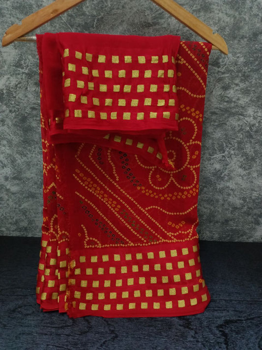 Pure Georgette Bandhani Print Saree with Zari Checks Border, Plain Red Blouse with Zari Border