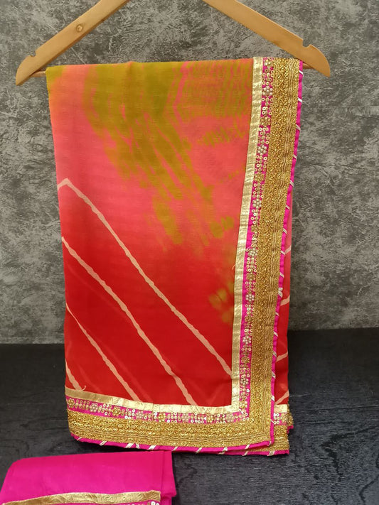 Marble Georgette Shibori Dyed Saree with Gota Work Border, Rani Color Dhupion Silk Blouse