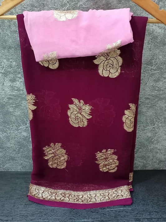 Lightweight Pure Georgette Saree with Rose Pattern Zari Weaving and Contrast Blouse