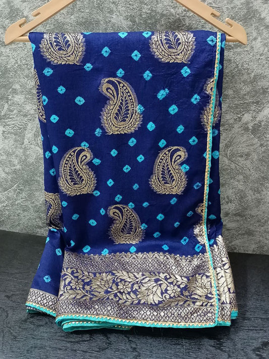 Pure Dola Silk Saree with Hand Dyed Bandhani, Keri Zari Weaving Buti & Contrast Zari Blouse