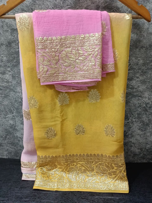 Pure Georgette Multi-Dyed Saree with Zari Weaving Border and Buta Design