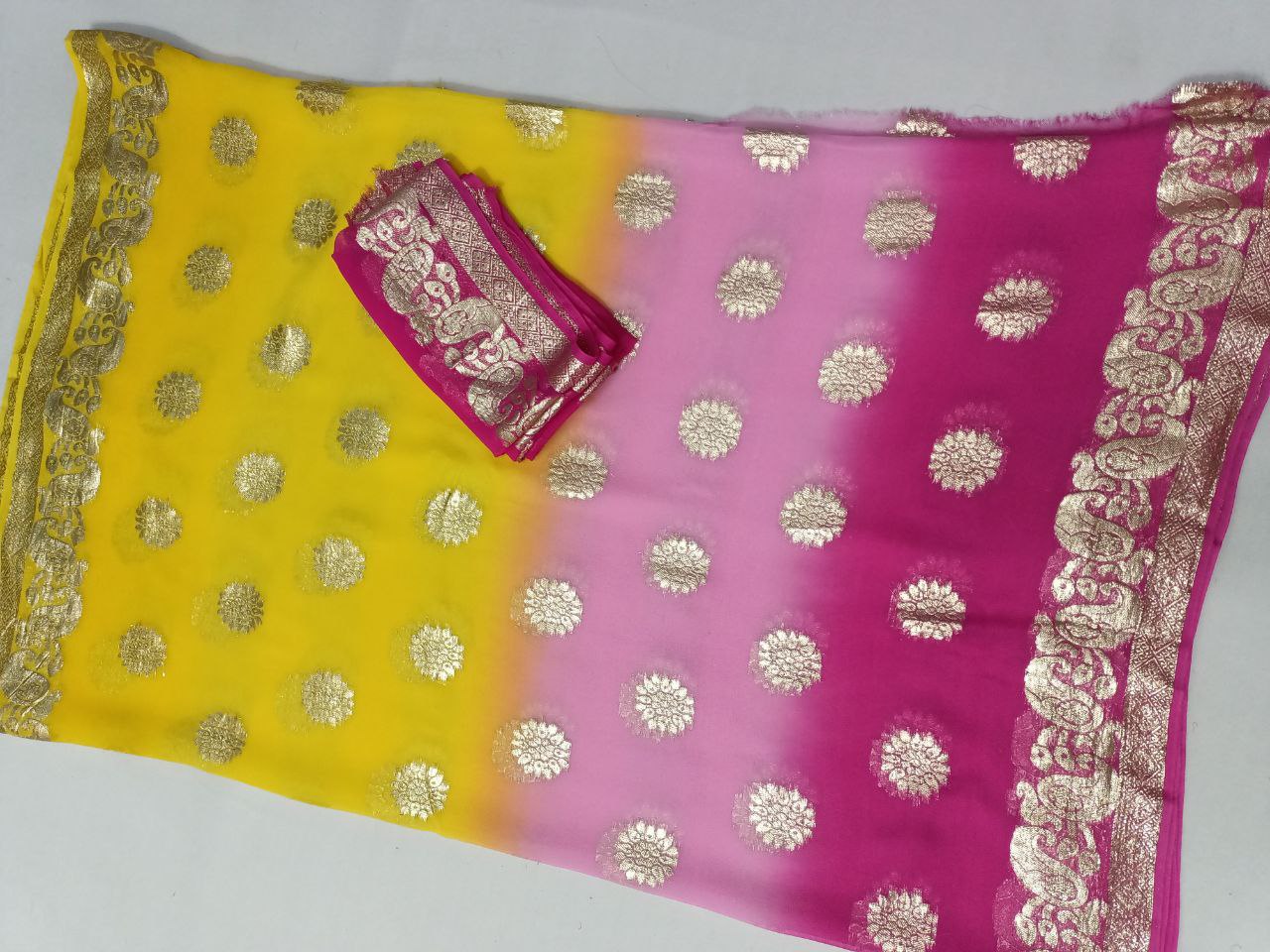 Pure Georgette Multi-Dyed Saree with Banarasi and Zari Border – Beautiful Shading