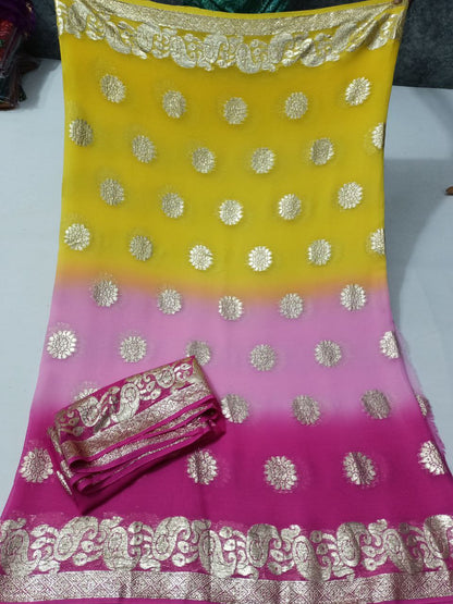 Pure Georgette Multi-Dyed Saree with Banarasi and Zari Border – Beautiful Shading