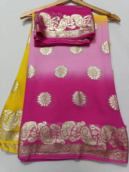 Pure Georgette Multi-Dyed Saree with Banarasi and Zari Border – Beautiful Shading