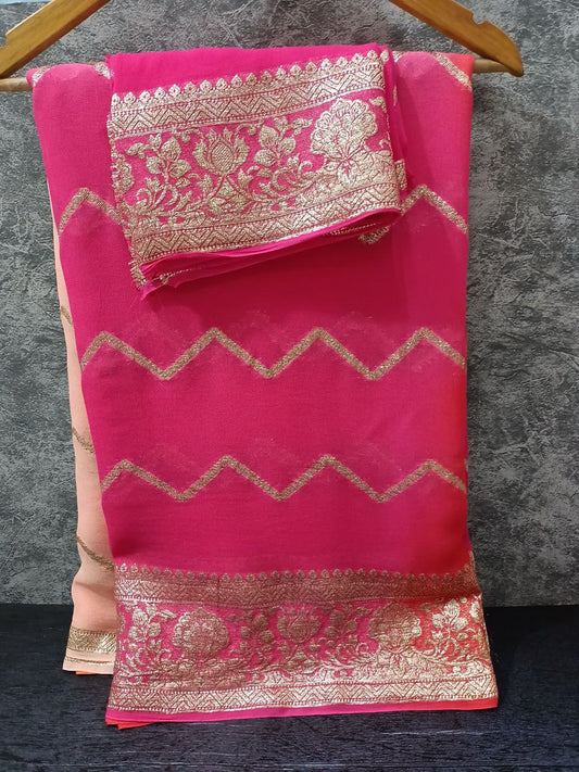 Pure Georgette Zigzag Banarasi Zari Weaving Saree with Zari Border