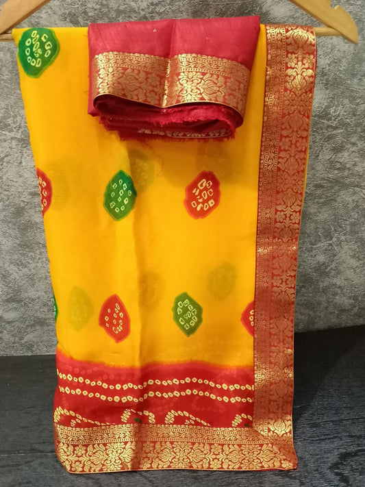 Georgette Bandhani Piliya Saree with Banarasi Weaving Border – Ethnic Elegance for Festive Occasions