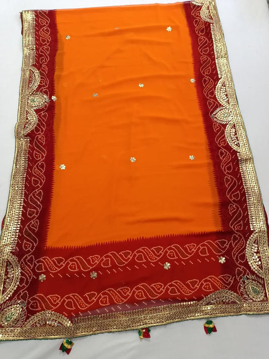 Pure Georgette Piliya Saree with Gotapatti Handwork, Green Bijiya Border & Tussel Pallu for Weddings - Kanhasarees by ksds