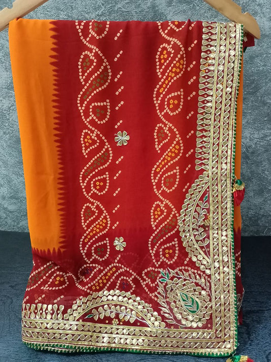 Pure Georgette Piliya Saree with Gotapatti Handwork, Green Bijiya Border & Tussel Pallu for Weddings